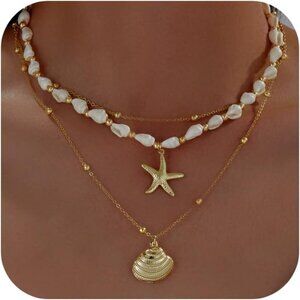 Hypoallergenic 14K Gold Seashell Necklace - Layered Luxury for Summer Days